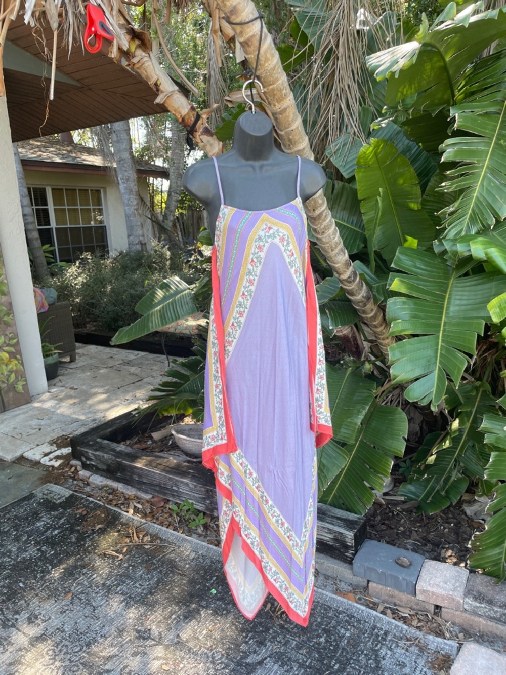 scarf, print, handkerchief, hem, including polkadots, spaghetti strap dress